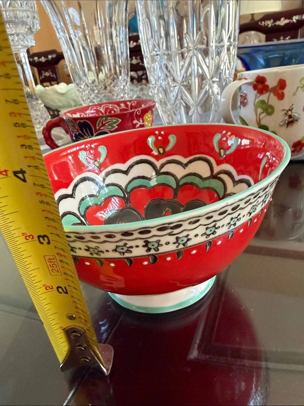 Anthropologie Red and Mint Hand-Painted Ceramic Serving Bowl